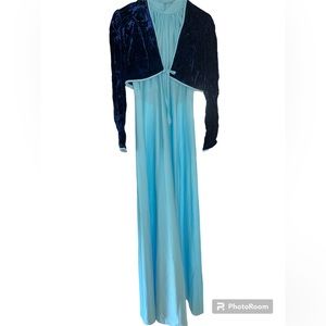 Vintage 60’s Blue Sleeveless Gown With Blue Velvet Cardigan